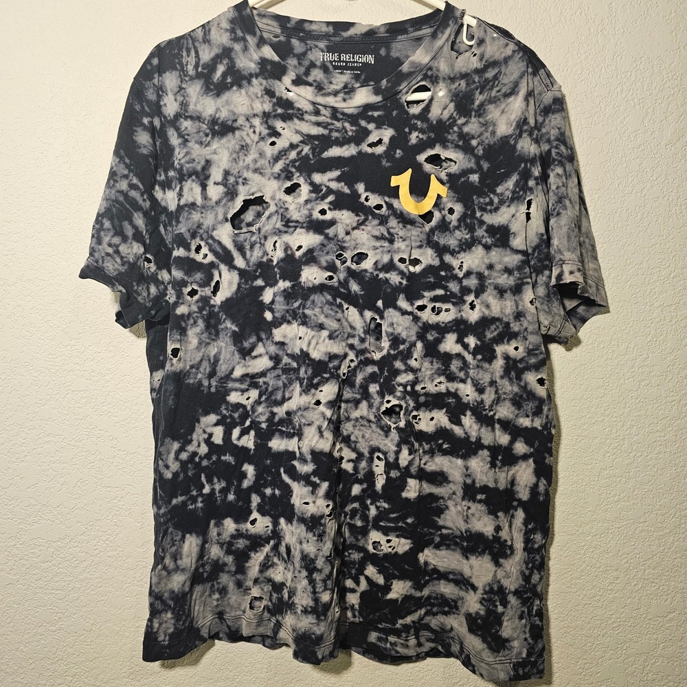 True Religion Mens Tie Dye Distressed Buddha Graphic T-Shirt Black Grey Grunge L